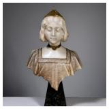 Alabaster Bust | An italian carved marble and/or alabaster bust of a young lady with gilt diadem and