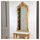 (2pc) GILT PIER MIRROR & MARBLE LOW CONSOLE | Two pieces, comprising an arch topped mirror with gilt