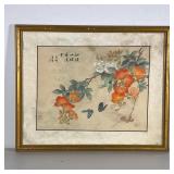 JAPANESE SILK SCREEN | Gold wooden framed picture with butterflies around floral branch; 11.5 x 15.5