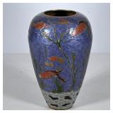 Enameled Brass Vase | Decorated with goldfish in the water amongst seaweed. - h. 7 x dia. 4.5 in