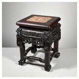 Chinese Carved Stand | Small plant stand with carved wood and inset stone or marble top. - h. 11 x w