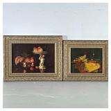 (2pc) Still Life Pictures | Pictures of fruit in compote and bowl and books, candle and paper. Gold 