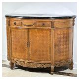 French Style Satinwood Cabinet | Demi-lune parquetry server cabinet with carved and contrasting inla