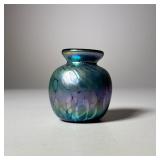 IRIDESCENT ART GLASS MINIATURE VASE, SIGNED A ALLISON | Small iridescent art glass vase with a round