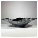 Art Glass Bowl | Murano style shallow bowl with ruffled edge and black color on the inside. Wave edg