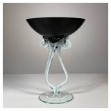 Art Deco Style Art Glass Compote | Polish Krosno style black compote dish with blown glass "jellyfis
