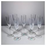 (7pc) TIFFANY & CO CHAMPAGNE FLUTES | Tiffany & Co. crystal champagne flutes, three with blue Tiffan