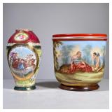 (2pc) Painted Porcelain | Royal Vienna style porcelain including a painted vase (h. 7 in.) with gilt
