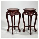 Pair Chinese Side Tables | Display pedestals or plant stands with round inset stone tops over reticu
