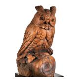 Monumental Carved Wood Owl | Incised signature "M. Barradas". - h. 22.5 x l. 18.5 in (approx.)