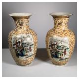 (2pc) PAIR SATSUMA VASES | Decorated with matching winter scene in reserve on a patterned ground wit