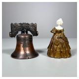 (2pc) Metal Bells | Including a heavy brass or gilt bronze bell of a woman in dress with carved bone