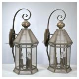 Pair Leaded Glass Outdoor Sconces | Hexagonal form lanterns, three light interior with scroll arms. 