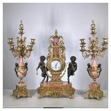 (3pc) Italian Imperial Clock Garniture | Intricate gilt metal and pink marble three piece clock garn