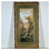 (1pc) Landscape | Watercolor or reproduction print housed in an ornate gold carved frame with green 