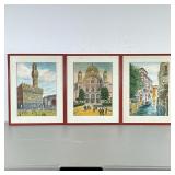 (3pc) European Scenes | In matching red frames, one showing a Venetian scene, and one having a parti