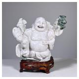 Carved Buddha With Bats | Carved white stone happy Buddha figure with two bats, one in green serpent