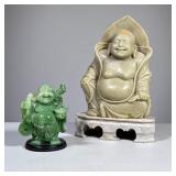(2pc) Carved Buddha Figures | Including a carved light stone Buddha and a small carved green jade Bu