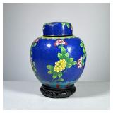 CLOISONNÉ GINGER JAR | Chinese cloisonné lidded ginger jar with floral decoration on a blue ground, 