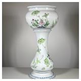 Porcelain Jardiniere On Stand | With floral and vine decoration; planter only h. 8.5 x dia. 12 in. -