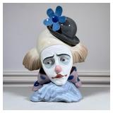 Lladro Clown | Sad clown with chin resting on folded hands. Marked on bottom. - h. 11 x w. 8 x d. 8 
