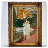 Franklin Mint Carousel | Needlepoint in earthy tones showing a lady lounging surrounded with cupids/