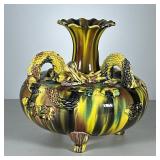 Dragon Pottery Vase | Glazed multicolor flambe pottery vase with applied reticulated dragon. - h. 8.