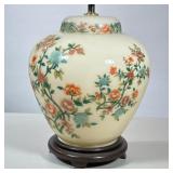Chinese Style Floral Lamp | Printed floral decoration on a blown milk glass jar. - h. 28 x dia. 20 i