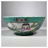 Chinese Porcelain Bowl | Marked Hong Kong on bottom, decorated with two maidens in garden under tree