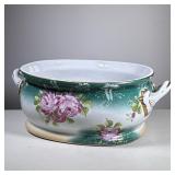 Floral Tureen | Green background with pink peonies and gold trim. - h. 8.5 x w. 15 x l. 22 in