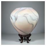 Contemporary Vase | Signed urn in shades of peach, blu and taupe, on a Chinese style wooden stand, s