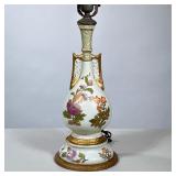 PORCELAIN PAINTED FLOWER LAMP | Antique porcelain double-handled vase mounted as a lamp, numbered on
