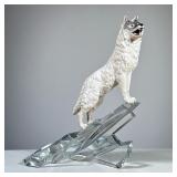 Bisque Wolf & Glass Sculpture | Cry of the North by the Franklin Mint, bisque porcelain arctic wolf 