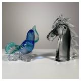 (2pc) Art Glass Sculptures | Including a smoky glass horse’s head and a Murano glass blue bird with 