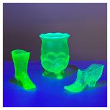 (3pc) Uranium Glass | Including two cut glass shoe vessels and a three footed vase. - h. 5.5 x dia. 