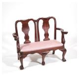 Child’s Settee | Of small size, Queen Anne style double back settee with curved arms, cabriole legs,