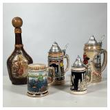 (5pc) Steins & Decanter | Including an Italian gilt tooled leather wrapped decanter, three pewter li