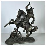 Cavalry Cast Metal Sculpture | Grecian soldier on a rearing horse, no apparent signature. - h. 14.25