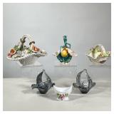 (6pc) CERAMIC & GLASS BASKETS | Reticulated porcelain baskets decorated with flowers and two blown g