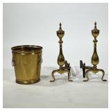 (3pc) Andirons & Fire Bucket | Brass Chippendale andirons and a double ring bucket. - h. 20 in (andi