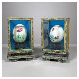 (2pc) Hand Painted Eggs | Eggs on stands in original boxes. Made in China. - h. 5 x w. 3 x d. 3 in