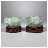 (2pc) Carved Stone Small Bowls | Chinese carved pale green quartz bowls on carved wooden stands. - h