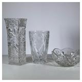 (3pc) Floral Crystal | Decorative cut glassware, including a square vase, a rose patterned cut cryst