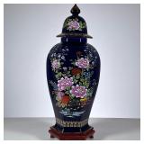 Cobalt Hexagonal Vase | Lidded jar with gilt and enamel painted decoration, on a conforming wooden s