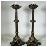 (2pc) Candlestick Mounted Lamps | Matching brass wired candlestick holder lights. Tripod bottoms ter