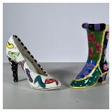 (2pc) Ceramic Shoes | Hand-painted and signed, including a white high heel shoe signed "sterling" an