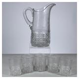 (6pc) Pitcher and Glasses | Cut glass pitcher and five matching glasses with etched decoration. - h.