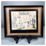 Japanese Woodblock Style Print | Women with wash buckets bathing, in a black and gold frame. - h. 9 