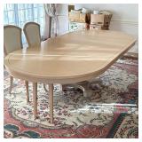 CARVED LIGHT WOOD PEDESTAL DINING TABLE | Extending with three leaves. Each leaf 20 inches. Total ex