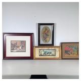 (4pc) Wall Art | ncluding a print of two greyhounds on a marble floor, a needlepoint of bird amongst